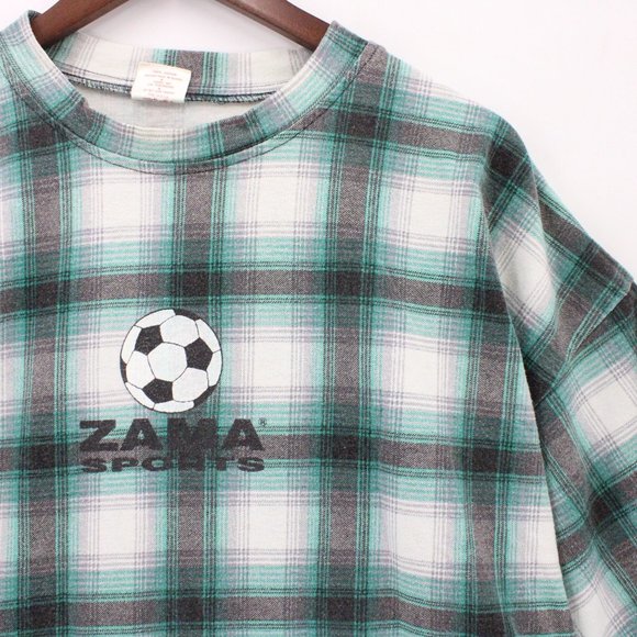 Vintage Zama Sports Shirt Mens Gray Plaid Short Sleeve Soccer Ball Graphic USA X - Picture 2 of 12